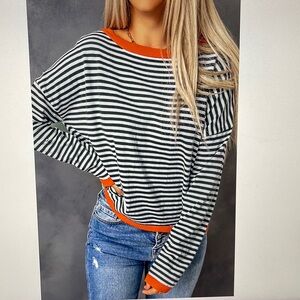 Navy Stripe Red Trim Lightweight Pullover Sweater Drop Shoulder Plus Size 2XL